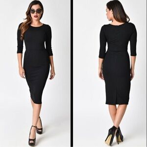 Unique Vintage 1960s style solid black knee length wiggle dress large
